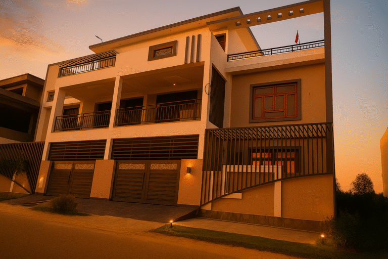 A photorealistic 3D render of a modern, multi-story duplex house, featuring clean lines, balconies, and large gates, all illuminated by the warm, luxurious glow of golden-hour evening light.